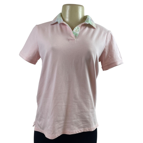 Lands End Womens Pink Polo Shirt With Plaid Collar Short Sleeve Sz XS