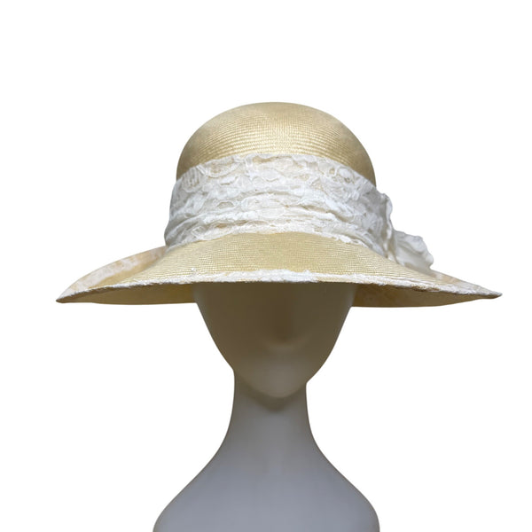 TinaLuxe Womens Beige Lace Wide Brim Cloche Hat White Lace Band Flower Accent OS