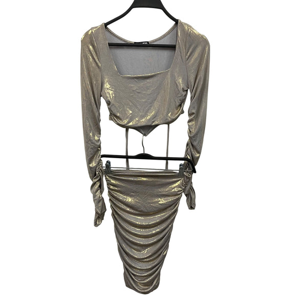 Fashion Nova Women Gold Metallic 2-Piece Long Sleeve Crop Top & Ruched Midi Skirt