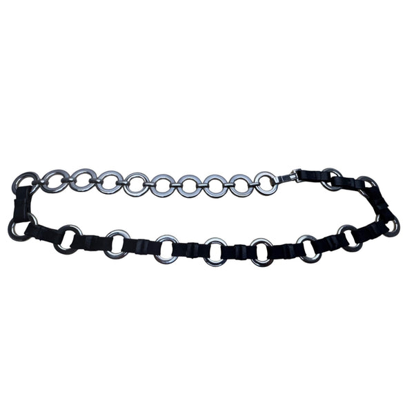 Chain Link & Faux Leather Belt Silver/Black Metal 34 Inches Adjustable Modern Design
