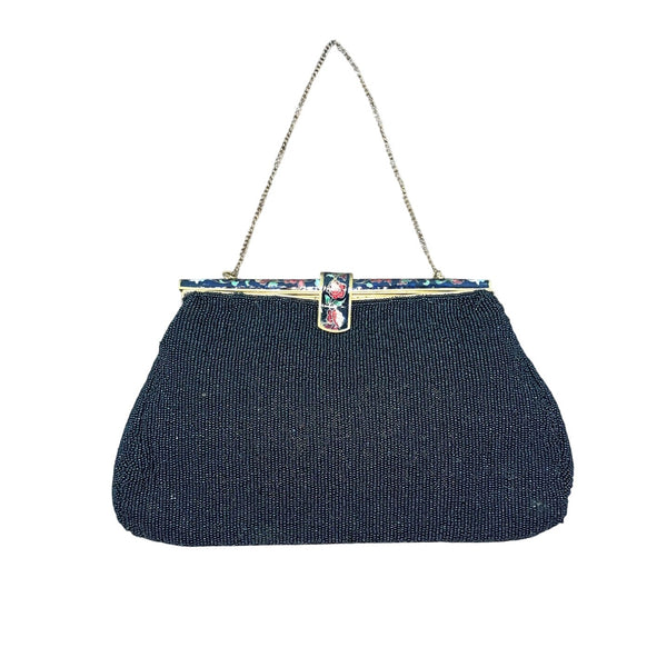 Vintage 40s Sagil Paris Black Beads Floral Enamel Frame Chain Strap Purse Sz S