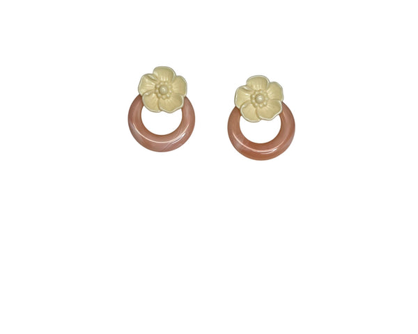 Vintage Marbled Look Womens Pink/Yellow Resin Floral Doorknocker Earrings