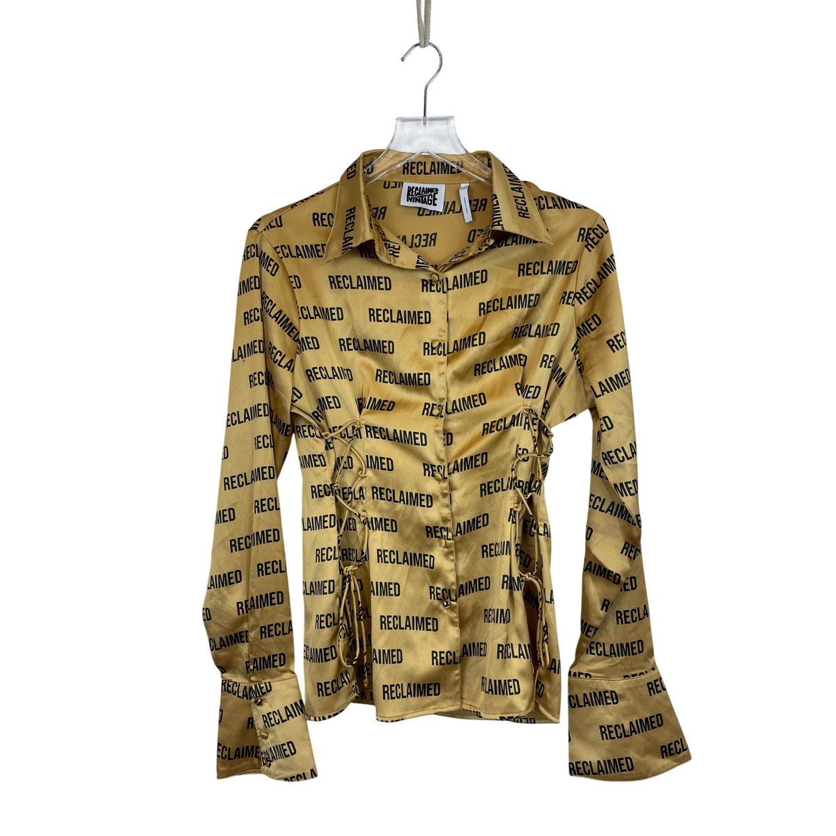 Reclaimed Vintage Womens Gold Satin Lace-Up Blouse All Over Text Print UK 14 US 10