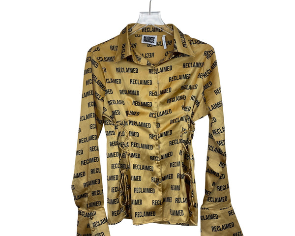 Reclaimed Vintage Womens Gold Satin Lace-Up Blouse All Over Text Print UK 14 US 10