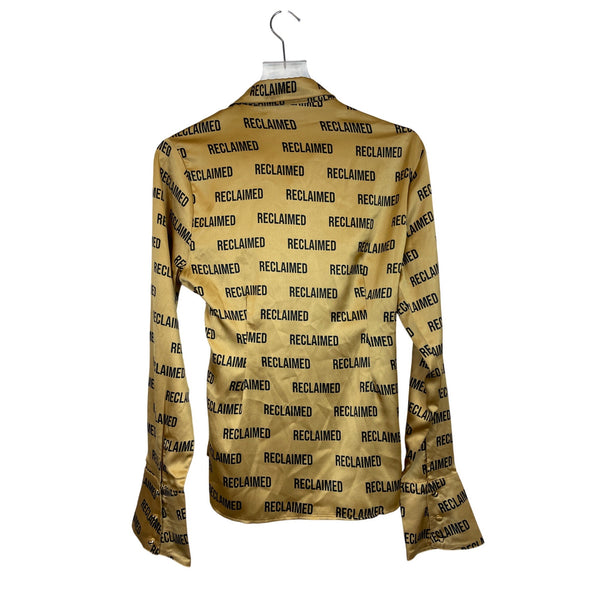 Reclaimed Vintage Womens Gold Satin Lace-Up Blouse All Over Text Print UK 14 US 10