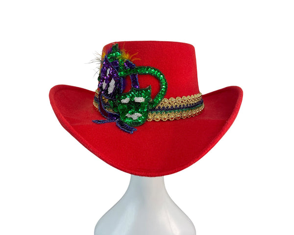 J.R. Palacios Red Felt Cowboy Hat With Sequin Mardi Gras Mask & Gold Trim