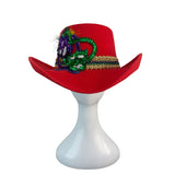 J.R. Palacios Red Felt Cowboy Hat With Sequin Mardi Gras Mask & Gold Trim