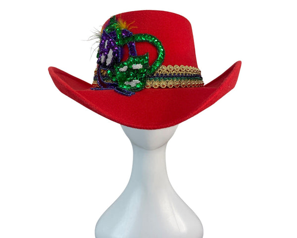 J.R. Palacios Red Felt Cowboy Hat With Sequin Mardi Gras Mask & Gold Trim