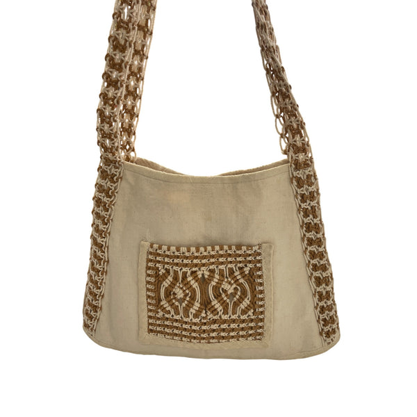 Handcrafted Neutral Shoulder Bag With Macrame Details & Front Pocket