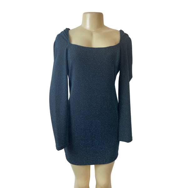 Row A Long Sleeve Square Neck Shimmer Open Back Mini Dress Size L