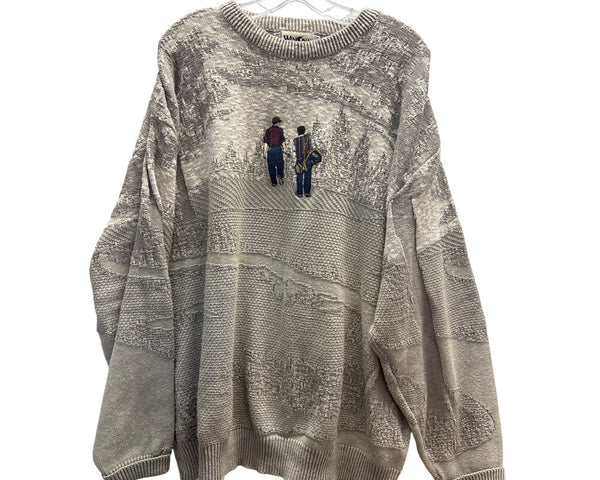 Winona Mens Gray Knit Pullover Sweater XXL Cotton Blend Embroidered Scenic Design
