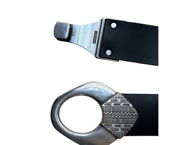 Chicos Black Adjustable Faux Leather Belt With Silver-Tone Tribal Buckle Design
