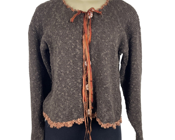 Vintage Hot Knots Brown & Gray Knit Ribbon Detail & Lace Trim Cardigan