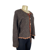 Vintage Hot Knots Brown & Gray Knit Ribbon Detail & Lace Trim Cardigan