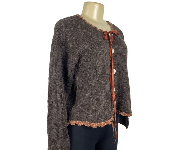 Vintage Hot Knots Brown & Gray Knit Ribbon Detail & Lace Trim Cardigan
