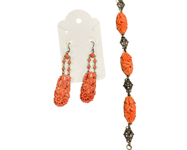 Vintage Coral Floral Earrings & Bracelet Set