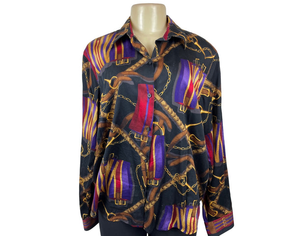 VTG Lauren Ralph Collared Long Sleeve Shirt With Colorful Saddle Print Sz XL