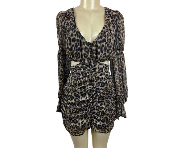 Asos Leopard Print Design Long Sleeve Cut-Out Mini Dress Sz10 - New