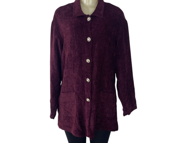 Vintage Jessica Howard Burgundy Button-Up Chenille Jacket With Front Pockets