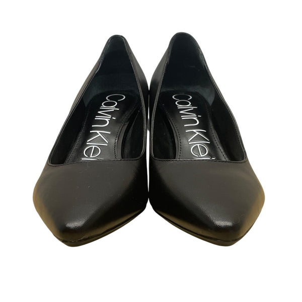 Calvin Klein Black Leather Gold Accent Nita Block Heel Pumps Size 7.5M