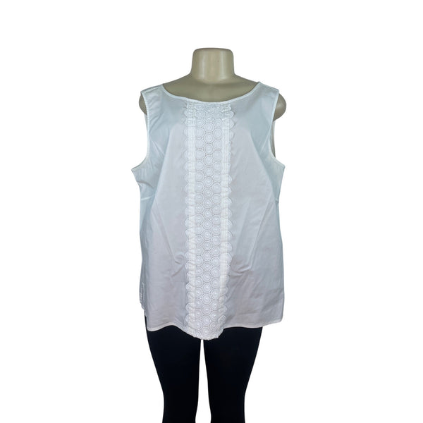 Talbots Womens White Sleeveless Zip Up Top with Embroidered Front Panel Size 18W