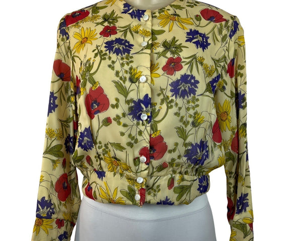 Vintage The Young Colony Shop Women's Yellow Floral Print Long Sleeve Shirt