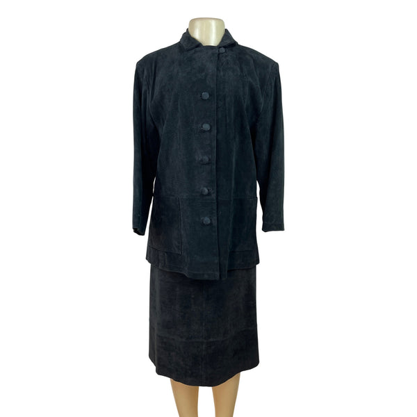 Vintage Stan Herman Black Suede Two-Piece Skirt Set Jacket & Midi Skirt Size L