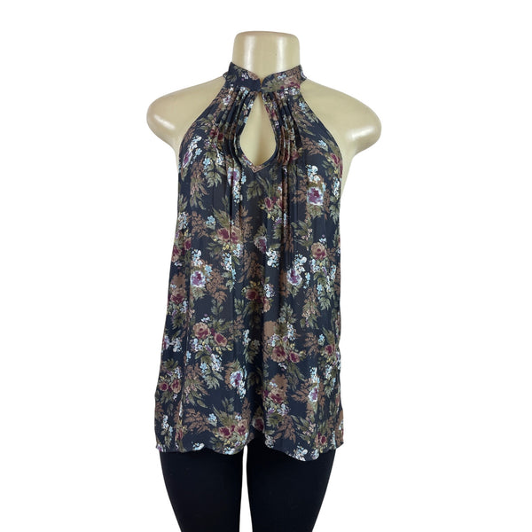 Ro & De Womens Floral Sleeveless Halter Blouse Top Keyhole Neck XS