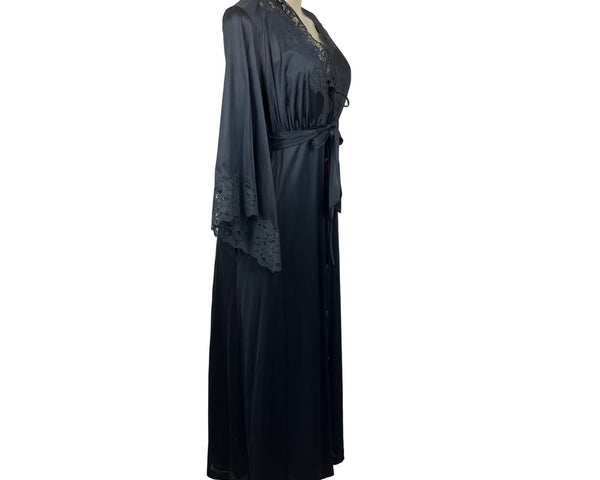 Vintage Jolie Black Lace Trimmed Robe With Tie Waist & Wide Sleeves Size S