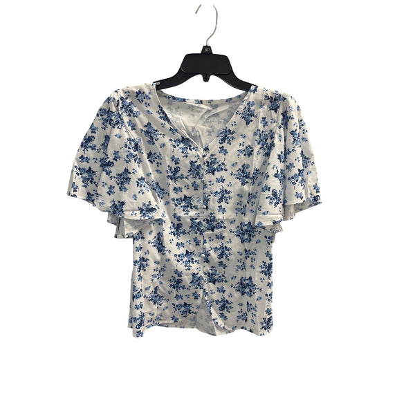 Floral Butterfly Sleeve Blouse For Women Blue/White Lightweight Polyester Size L