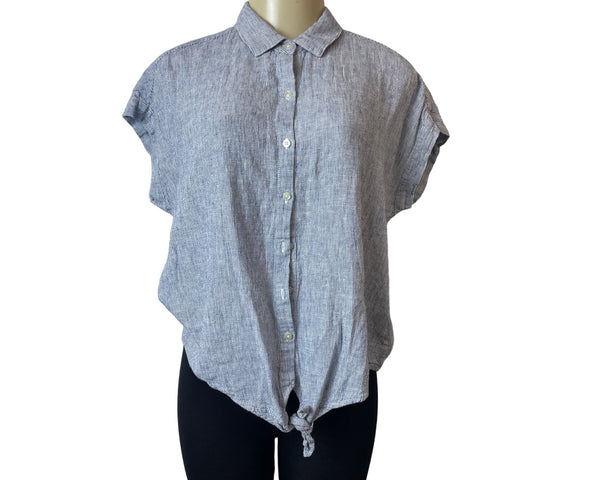 Weatherproof Vintage Blue & White Striped Cap Sleeve Button-Up Womens Shirt Sz M