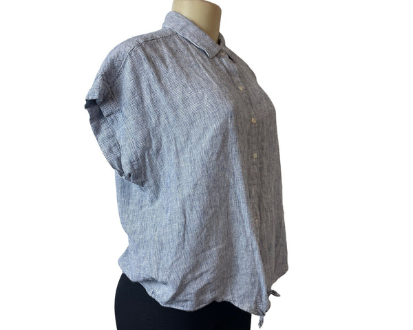 Weatherproof Vintage Blue & White Striped Cap Sleeve Button-Up Womens Shirt Sz M