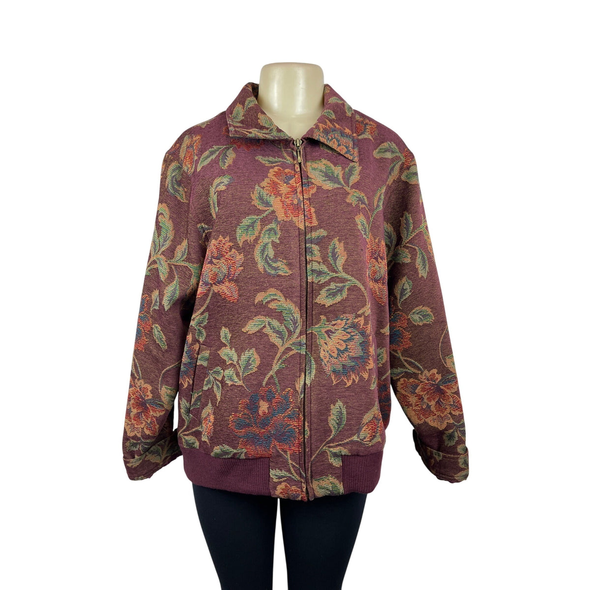 Vintage Susan Graver Floral Tapestry Jacket W Zip Closure & Long Sleeves Sz XL