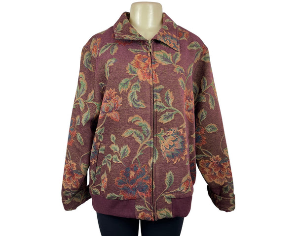 Vintage Susan Graver Floral Tapestry Jacket W Zip Closure & Long Sleeves Sz XL