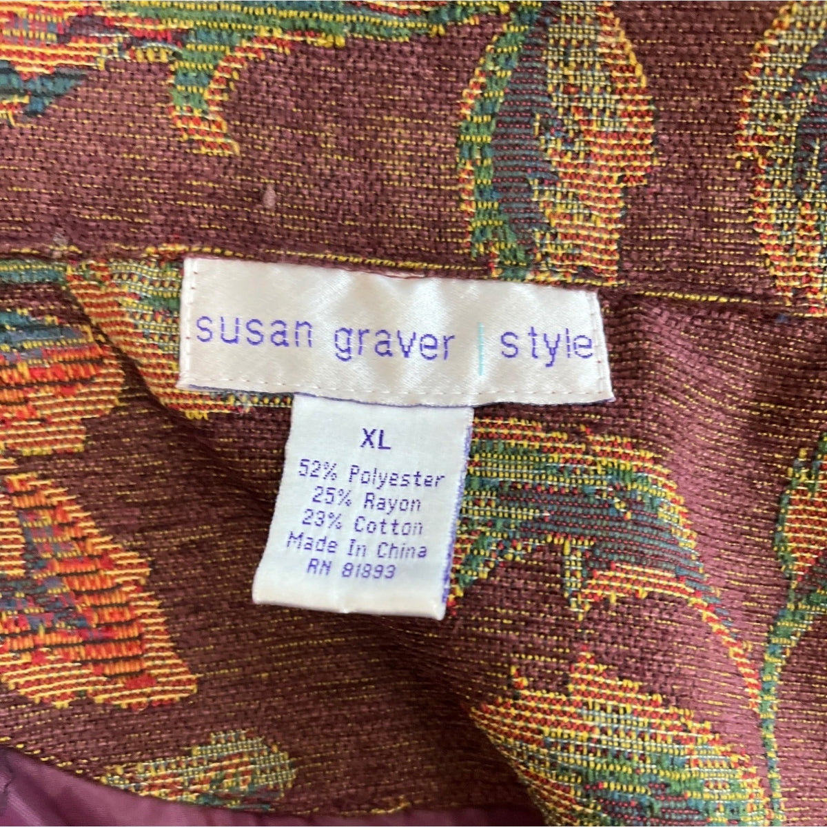Vintage Susan Graver Floral Tapestry Jacket W Zip Closure & Long Sleeves Sz XL