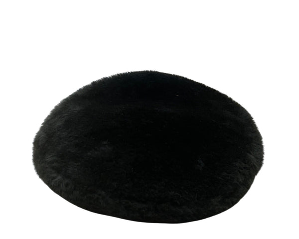 Black Faux Fur Beret Hat With Genuine Leather Adjustable Band One Size