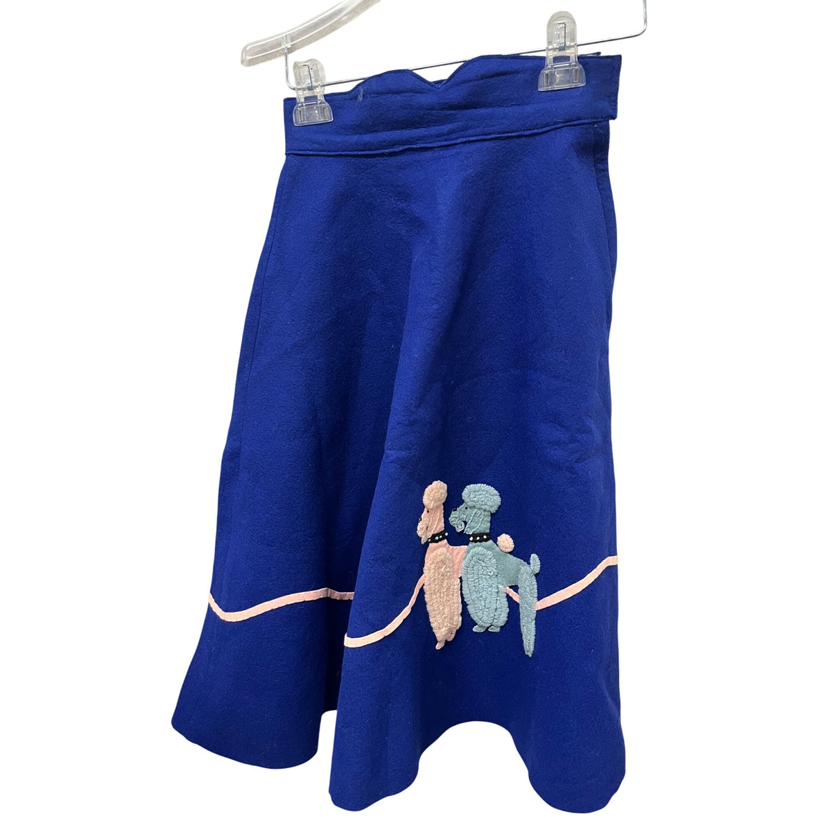 Vintage Womens Blue Felt Poodle Swing Skirt Embroidered Pink & Mint Trim Size OS