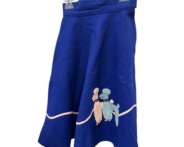 Vintage Womens Blue Felt Poodle Swing Skirt Embroidered Pink & Mint Trim Size OS