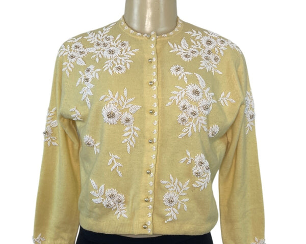 Vintage Lily Koo Yellow Embroidered Cardigan With Floral Pattern & Button Closure