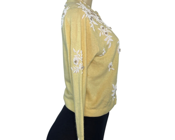 Vintage Lily Koo Yellow Embroidered Cardigan With Floral Pattern & Button Closure