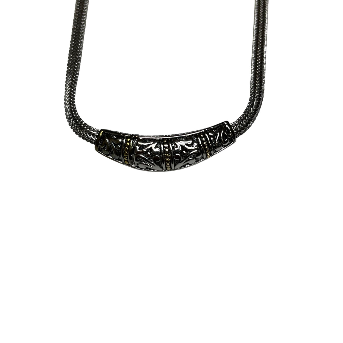 Vintage Silver-Tone Snake Chain Necklace With Ornate Tube Pendant