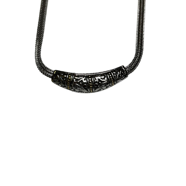 Vintage Silver-Tone Snake Chain Necklace With Ornate Tube Pendant