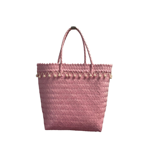 Pink Woven Tote Bag With Tassels Handbag Beach Shoulder Bag