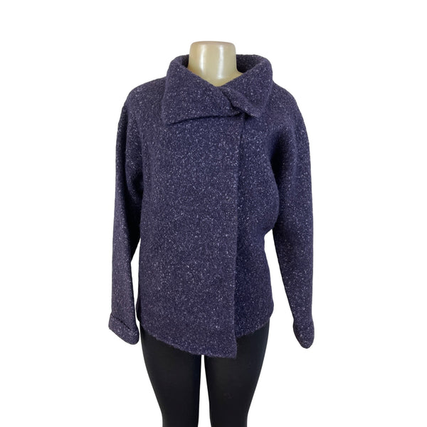 Eileen Fisher Women's Purple Boucle Knit Coat With High Collar Long Sleeves Sz S