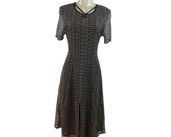 Vintage Inspired Black & Beige Floral Midi Dress With Sheer Sleeves & Tie Back