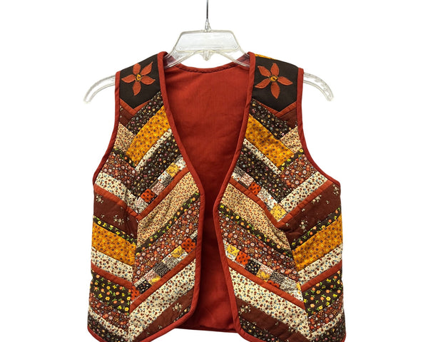 Vintage Handmade Womens Quilted Floral Patchwork Vest Multicolor Cotton Autumn Design OS