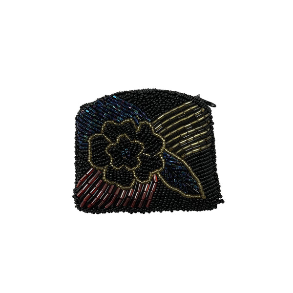 Beaded Womens Black Multicolor Floral Embellished Small Clutch Coin Purse