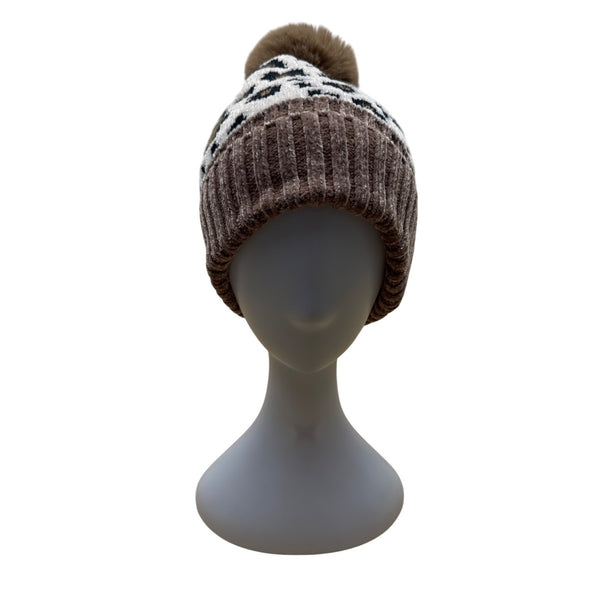 Leopard Print Knit Beanie With Faux Fur Pom Brown Ribbed