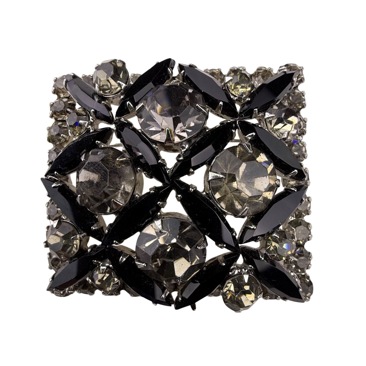 Antique Crystal & Black Marquise Rhinestone Silver Tone Square Pin Brooch