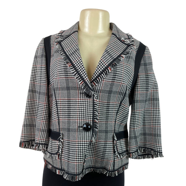 Etcetera 3/4 Sleeve Cropped Blazer Jacket With Fringe Trim & Button Front Size 8